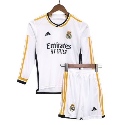 Kids Real Madrid 2023/24 Home Long Sleeve Soccer Kit (Jersey & Shorts) - Replica